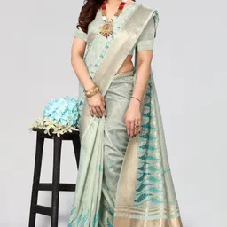 alagini Embroidered, Self Design, Woven Banarasi Cotton Silk, Silk Blend Saree-picture-20
