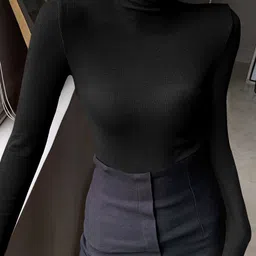 tee tree Women Solid High Neck Black Sweater-picture-10