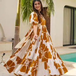 sheetal associates Women Fit and Flare Brown, White Maxi/Full Length Dress-picture-40