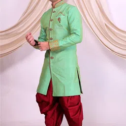 Pooja Ethnic Pooja Ethnic Men's Green Silk Indo Western with Dhoti PE9072 Embellished Sherwani image 2