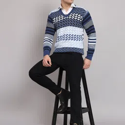 ewools Men Striped V Neck Blue, White Sweater image 4