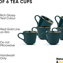 shay Pack of 6 Ceramic Tea Cup Set, Set of 6, Teal Green with Real Gold Line image 2