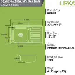 lipka 32x20x8 Premium Stainless Steel Square Single Bowl Kitchen Sink with Drainboard 32x20 Inches Vessel Sink image 2
