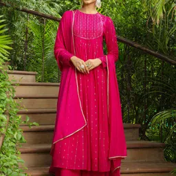janasya Women Georgette Kurta Palazzo Dupatta Set image 2