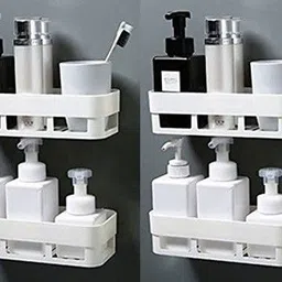 hxoset Pack of 4 Waterproof ABS Plastic Kitchen Bathroom shelf baskets/Bathroom and Kitchen Fittings Wardrobe Shelf/Bathroom Hardware/ Bathroom Shower Organizer Rack Shelf/bathroom Hanging shelf decor-Dishwasher Liquid, Brush, Cloth, Soap, Sponge, Heir Oil, etc/Wall Mount No Driling Required Plastic Wall Shelf-White Colour (White) Particle Board Wall Shelf-picture-15