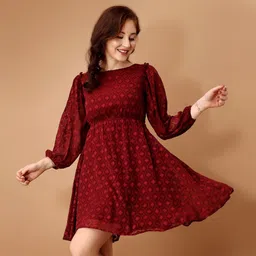 fashfun Women Fit and Flare Maroon Above Knee/Mid Thigh Length Dress-picture-18