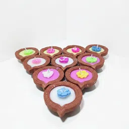 sol Handmade Terracotta Diya Candles Set of 10 | Colorful Flower Wax Tea Lights Candle image 1