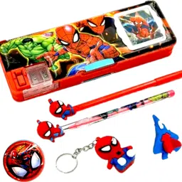 johnnie boy Spiderman Dual Magnetic Pencil Box with Calculator & Dual Sharpener for Kids 1 Pencil , 1 Pen , 1 Keychain , 1 Superhero Spiderman Batch ,1 Eraser Art Plastic Pencil Box-picture-26