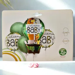 king collection Printed Welcome Baby Foil Balloon Set Air Balloon Theme with Jungle Animals for Baby Balloon image 2