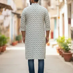 maansri Men Printed, Geometric Print Cotton Rayon Straight Kurta image 2