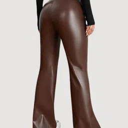 tandul Women Regular Fit Brown Faux Leather Trousers image 3