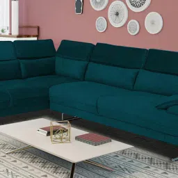 casacraft from pepperfry Haiden Velvet RHS Sectional Sofa (3+ Lounger) in Teal Blue Colour image 2