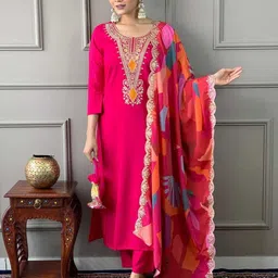 blue wish Women Cotton Rayon Kurta Pant Dupatta Set image 2