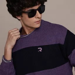 roadster Men Colorblock Round Neck Purple Sweater-picture-17