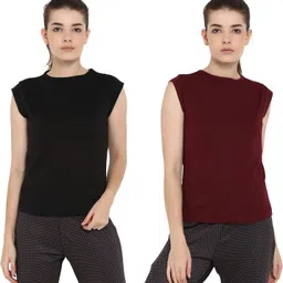 ap'pulse Pack of 2 Women Solid Round Neck Pure Cotton Maroon, Black T-Shirt-picture-21