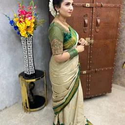 awesome Embellished Kanjivaram Silk Blend, Jacquard Saree image 5