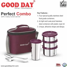 good day Perfect Combo Stainless Steel Tiffin Set with Bag for Office Maroon colour 3 Containers Lunch Box image 2