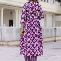 Anouk Purple Floral Printed Pure Cotton Straight Kurta With Trouser & Dupatta image 4