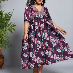 Globus Gloplus V-Neck Puff Sleeves Floral Print Lace Detailing A-Line Plus Size Midi Dress-picture-33