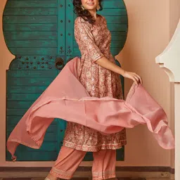 Biba Floral Printed Round Neck Sequinned Anarkali Kurta with Palazzos And Dupatta-image-28