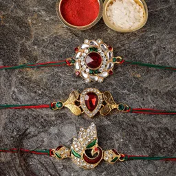 Sukkhi Rakhi Men Set Of 3 Red Gold-Plated Stone-Studded Rakhi With Roli Chawal & Greeting Card-picture-52