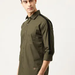 Campus Sutra Men Olive Green Regular Fit Solid Side-Striped Casual Shirt-picture-28