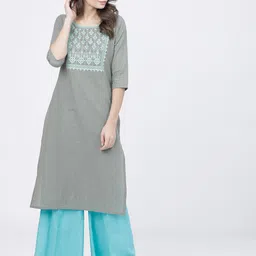 Vishudh Women Grey Ethnic Motifs Yoke Design Cotton Thread Work Kurta-image-36