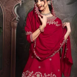 SANISA Floral Embroidered Straight Thread Work Kurta With Sharara & Dupatta-image-51