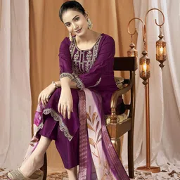 Royal Export Women Floral Embroidered Regular Thread Work Kurta & Trousers With Dupatta-picture-34