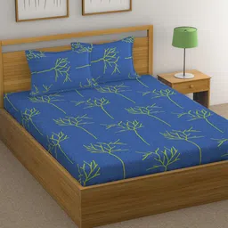 Huesland Blue & Green Floral Cotton 144 TC Double Queen Bedsheet with 2 Pillow Covers-picture-32