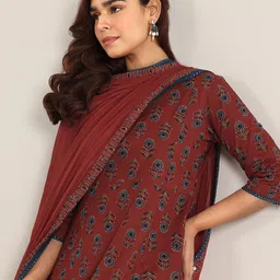 Libas Floral Printed V-Neck A-Line Kurta with Trousers & With Dupatta-picture-30