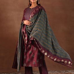 Libas Floral Printed Thread Work Straight Kurta With Trousers & Dupatta-picture-7