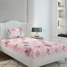 Monte Carlo Peach-Coloured & White Floral 130 TC Single Bedsheet Set-2.30 m x 1.60 m-image-0
