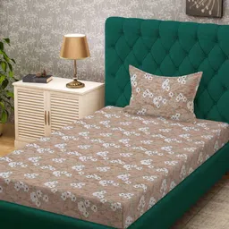 KLOTTHE Beige & White Printed Pure Cotton 400 TC Single Bedsheet With Pillow Cover-image-85