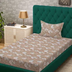 KLOTTHE Beige Floral Printed Pure Cotton 400 TC Single Bedsheet With Pillow Cover-image-61