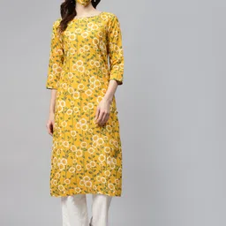 Biba Women Mustard Yellow  White Floral Print Cotton Straight Kurta-picture-20