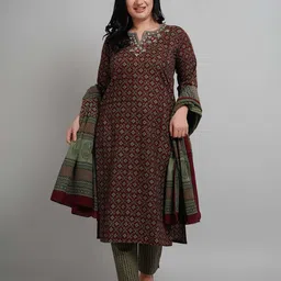NAVGYA Ethnic Motifs Printed Thread Work Pure Cotton Straight Kurta & Trouser With Dupatta-picture-11