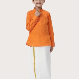 Ramraj Boys Woven Design Mandarin Collar Pure Cotton Straight Kurta With Veshti-picture-26