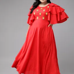 YASH GALLERY Plus Size Red Ethnic Motifs Embroidered Flutter Sleeves Maxi Dress-image-34