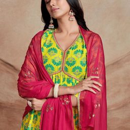 Sangria Floral Printed Lace Work A-Line Kurta & Trousers With Dupatta-picture-41