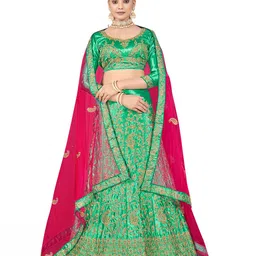 MANVAA Green & Pink Embroidered Thread Work Semi-Stitched Lehenga & Unstitched Blouse With Dupatta-picture-10