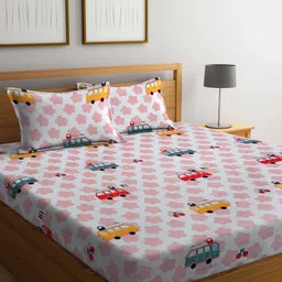 KLOTTHE White & Pink Cartoon Printed 300 TC King Fitted Bedsheet With 2 Pillow Covers-picture-17