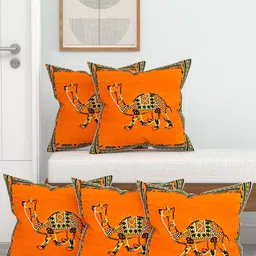 Lali Prints Orange & Black Set of 5 Ethnic Motifs Square Cushion Covers-image-17