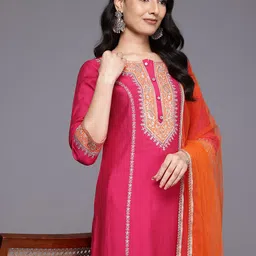 Varanga Ethnic Motifs Embroidered Zari Panelled Kurta With Palazzos & Dupatta-picture-22