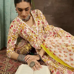 Indo Era Women Floral Printed Pleated Pure Cotton Kurta with Trousers & With Dupatta-image-79