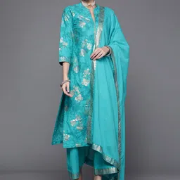 Biba Women Blue Ethnic Motifs Printed Pure Cotton Kurta with Palazzos & With Dupatta-image-46