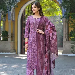 AHIKA Floral Printed V-Neck Gotta Patti Straight Kurta With Trousers & Dupatta image 5