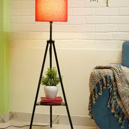 Crosscut Red & Black Metal Cylinder Shaped Floor Lamp With Shelves image 2