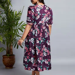Globus Gloplus V-Neck Puff Sleeves Floral Print Lace Detailing A-Line Plus Size Midi Dress image 3