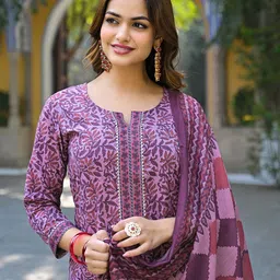 AHIKA Floral Printed V-Neck Gotta Patti Straight Kurta With Trousers & Dupatta image 3